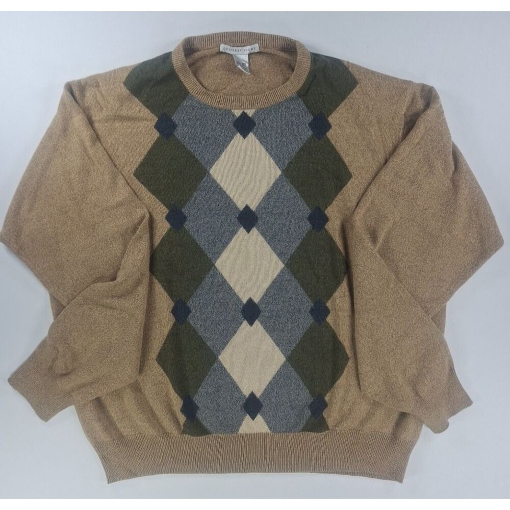 Vintage Geoffrey Beene Argyle Sweater Mens 2XL Brown Acrylic Pullover Grandpa